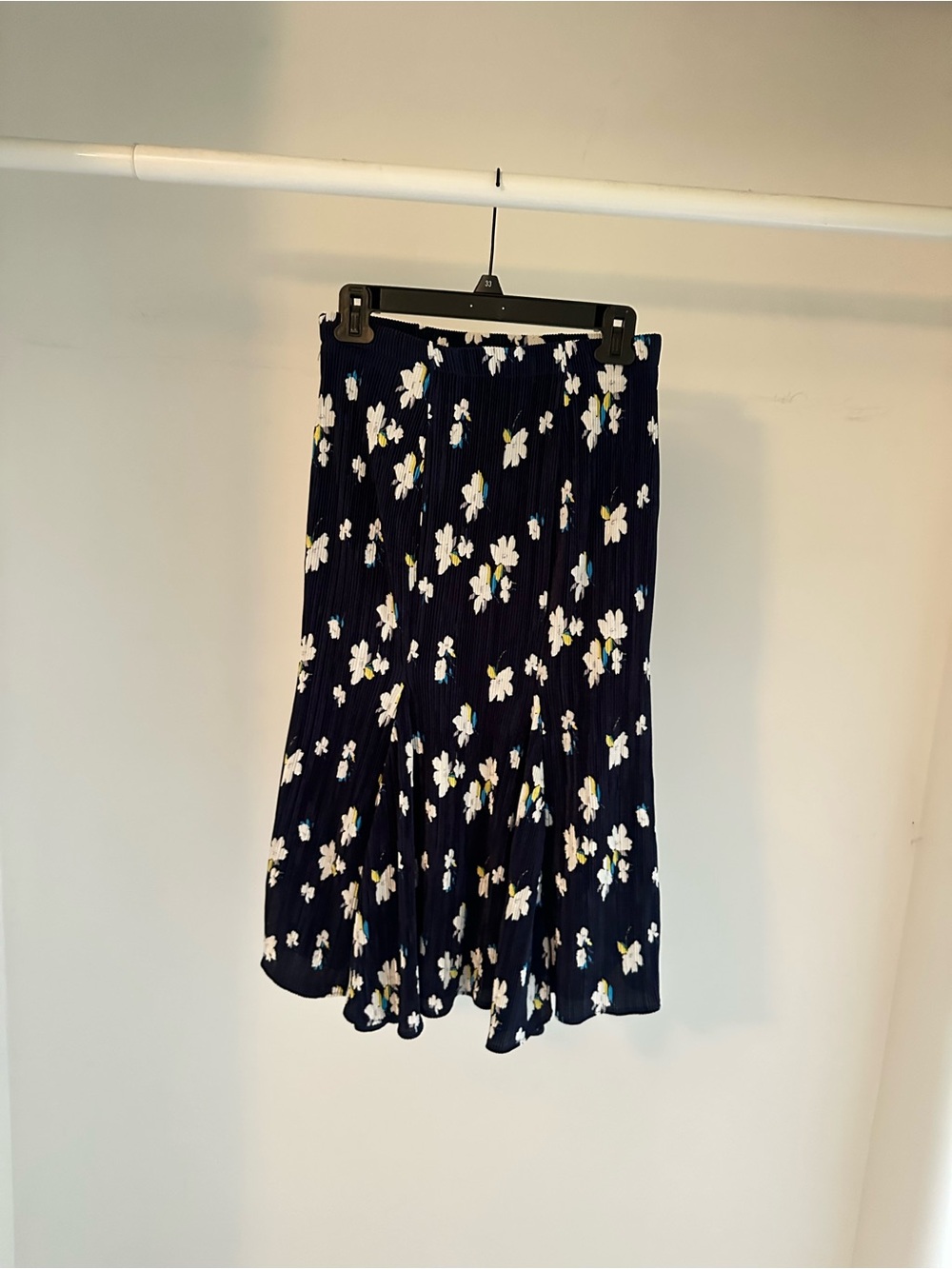 Navy Floral Midi Skirt with White and Yellow Blossoms